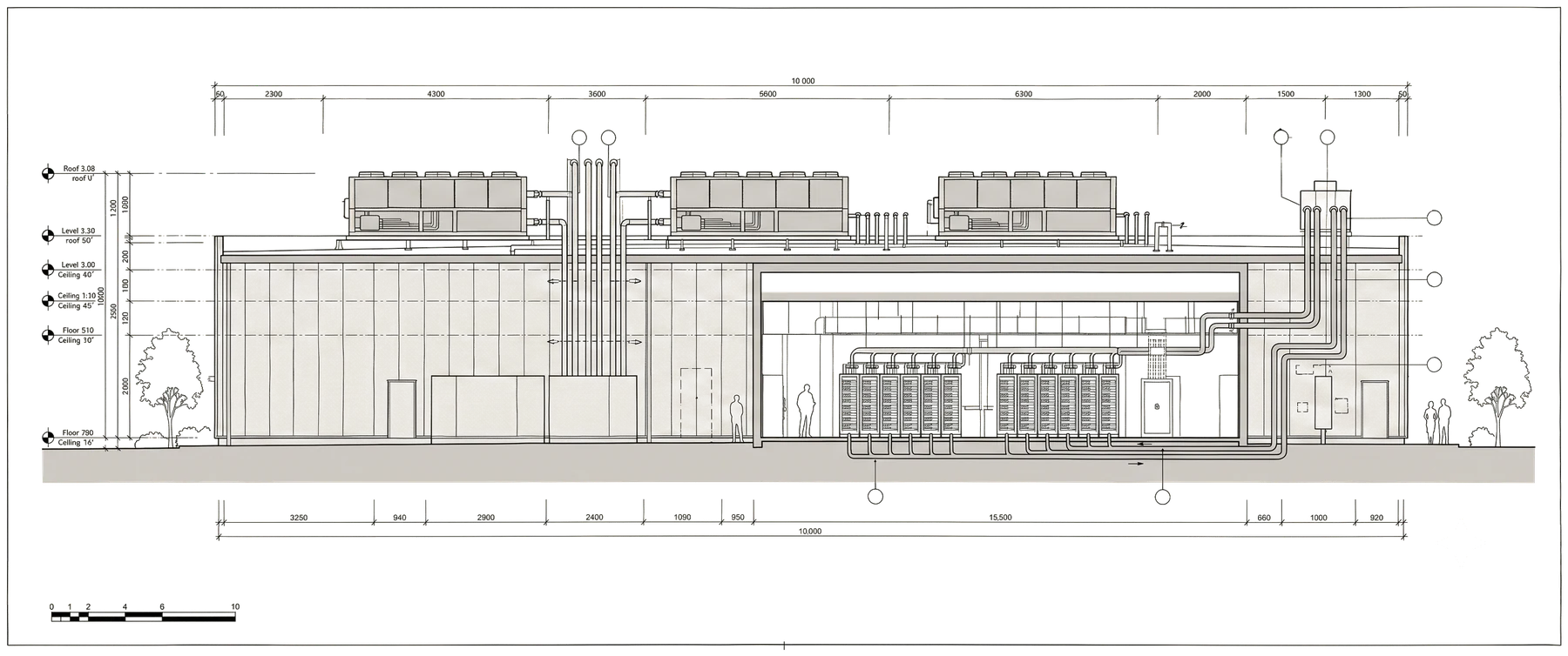 Sectional elevation through a MicroLink data hall showing rooftop chiller plant, riser pipework and liquid cooled rack rows