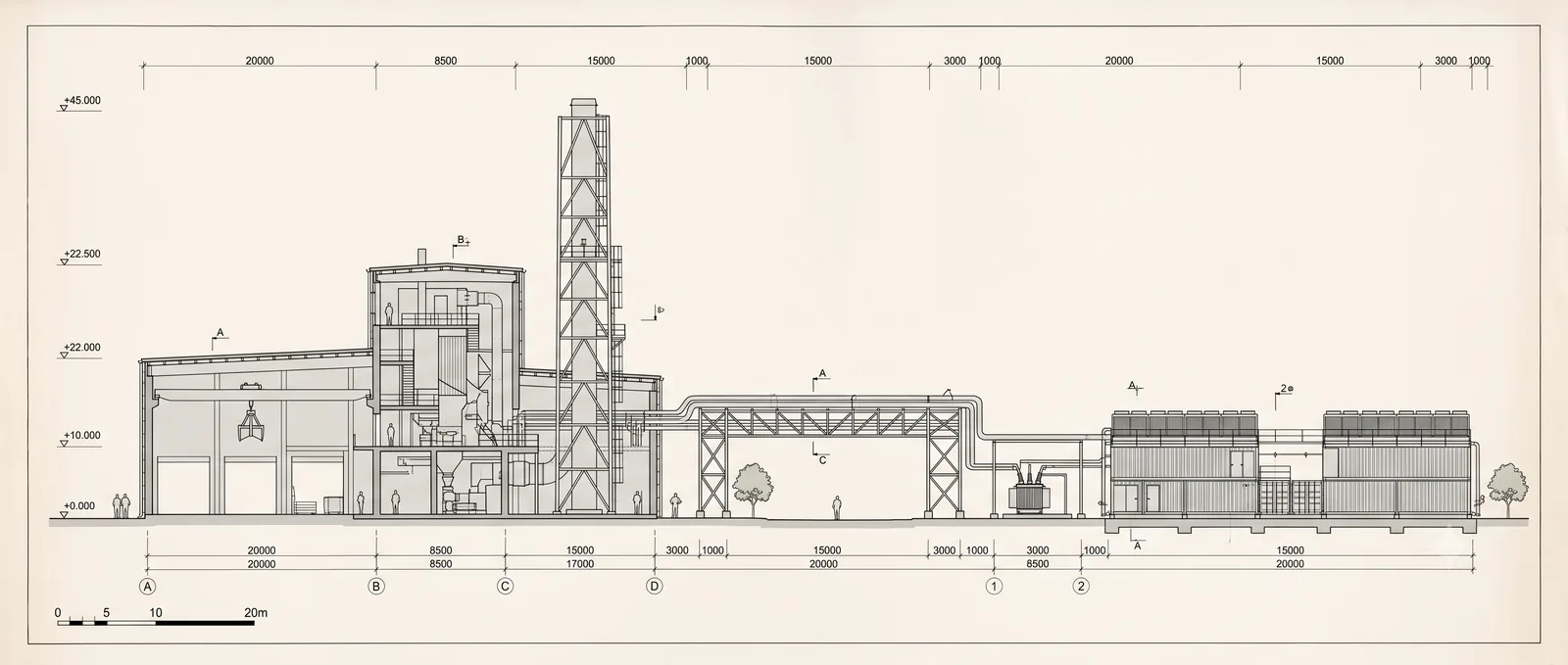 Elevation drawing of a waste to energy facility bridged to a containerised data hall campus