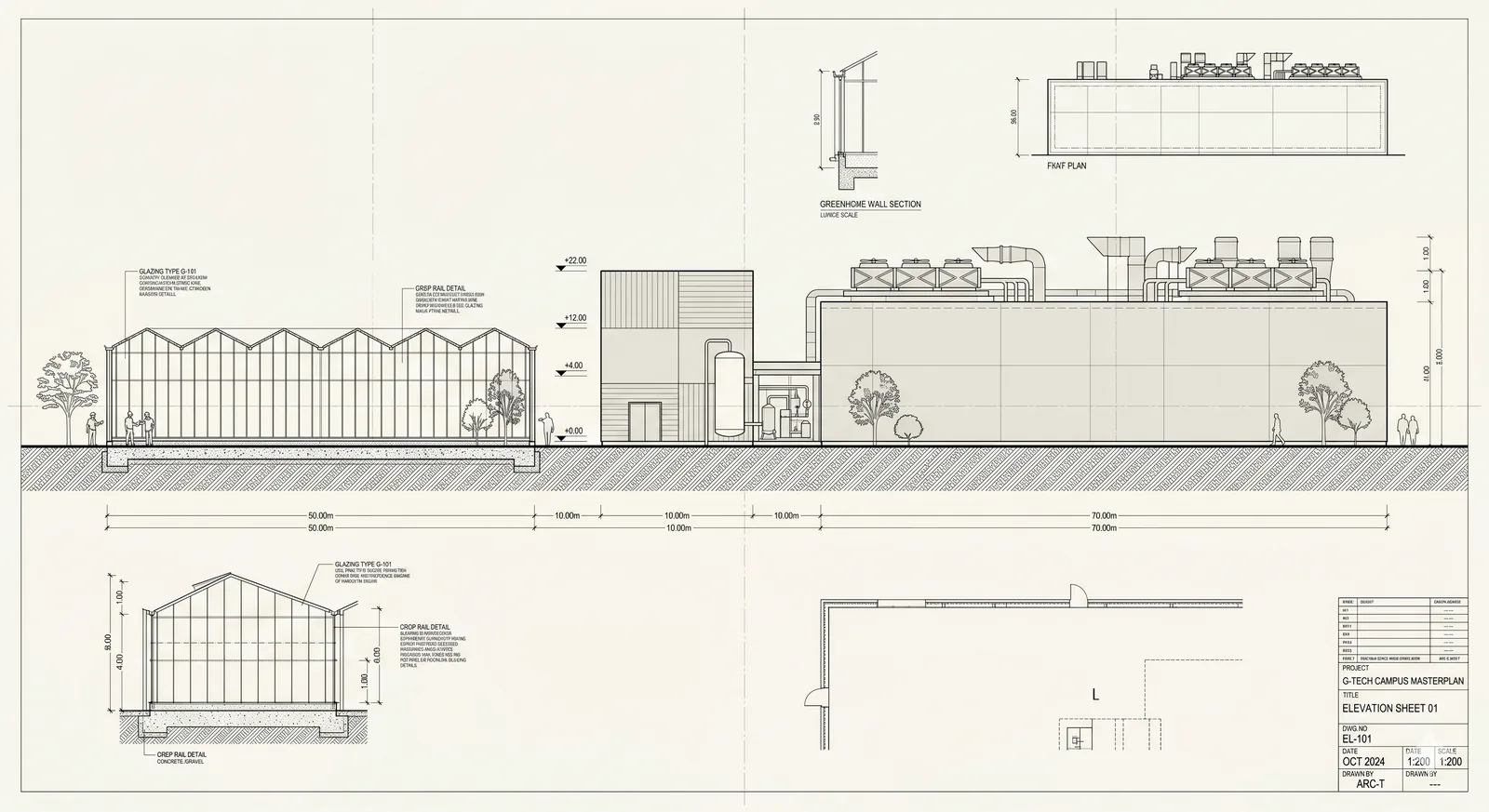 Elevation drawing of a MicroLink host campus: greenhouse range, energy centre and data hall