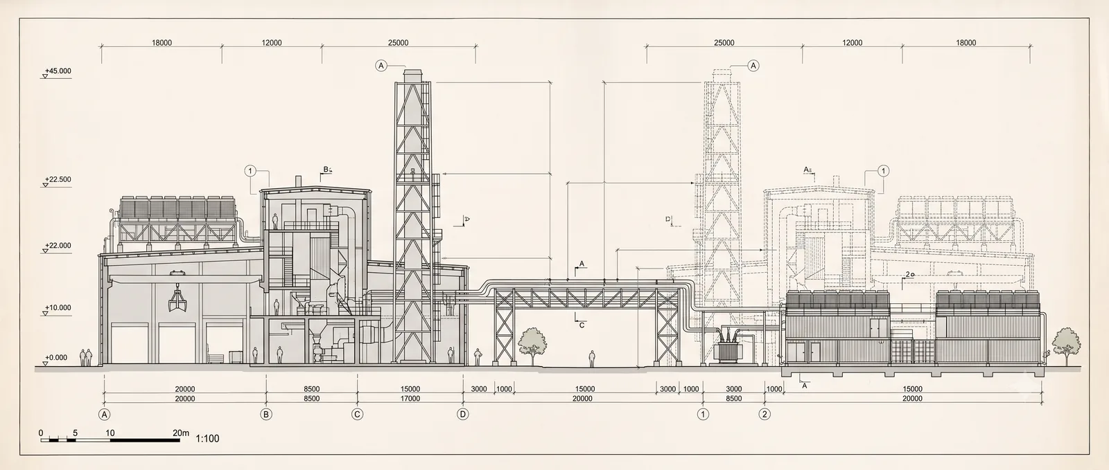 The facility drawn solid beside its dashed digital twin
