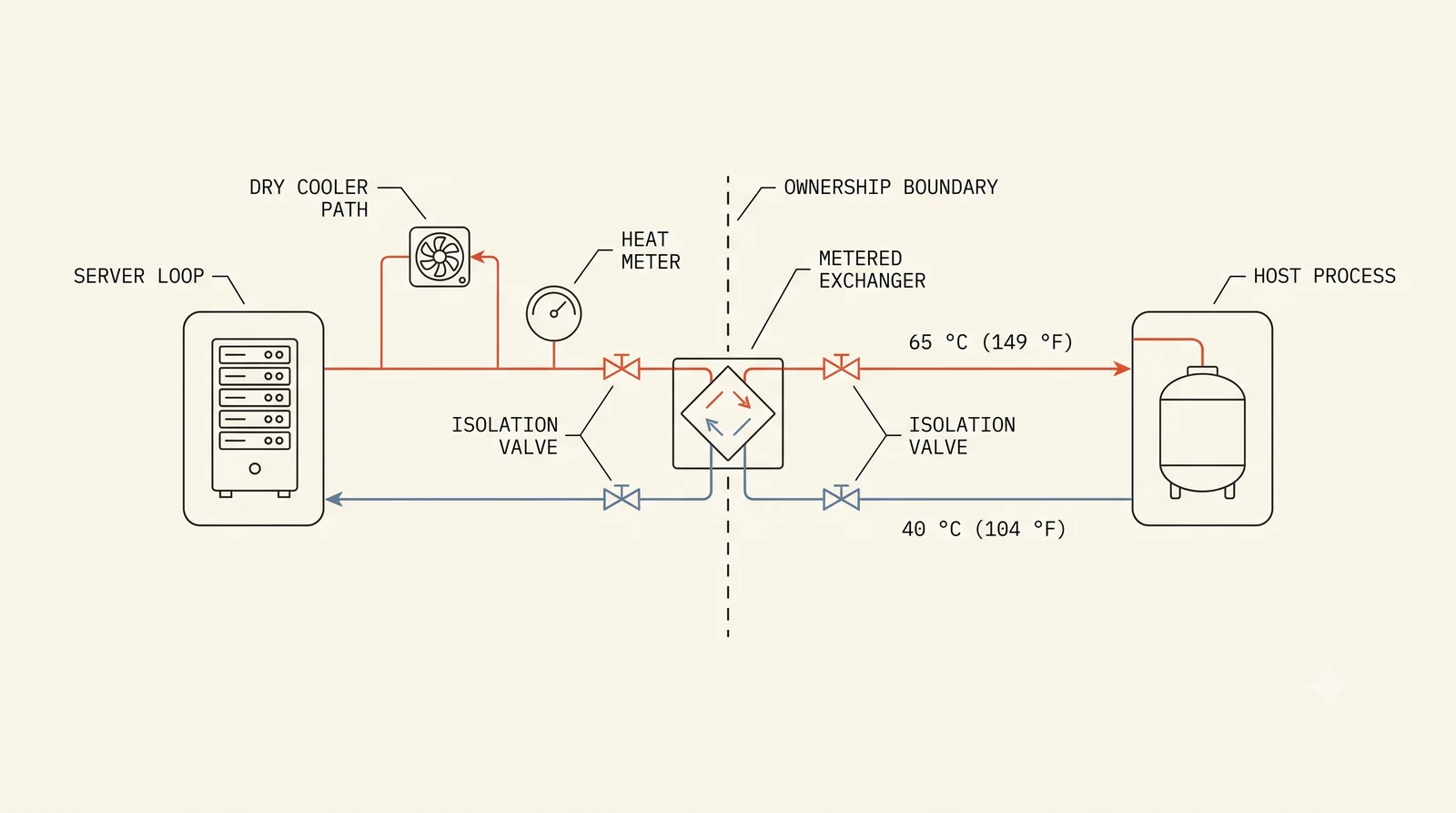 Process diagram of metered heat delivery: the server loop through the exchanger and inline meter into the host partner process, with the dry cooler path