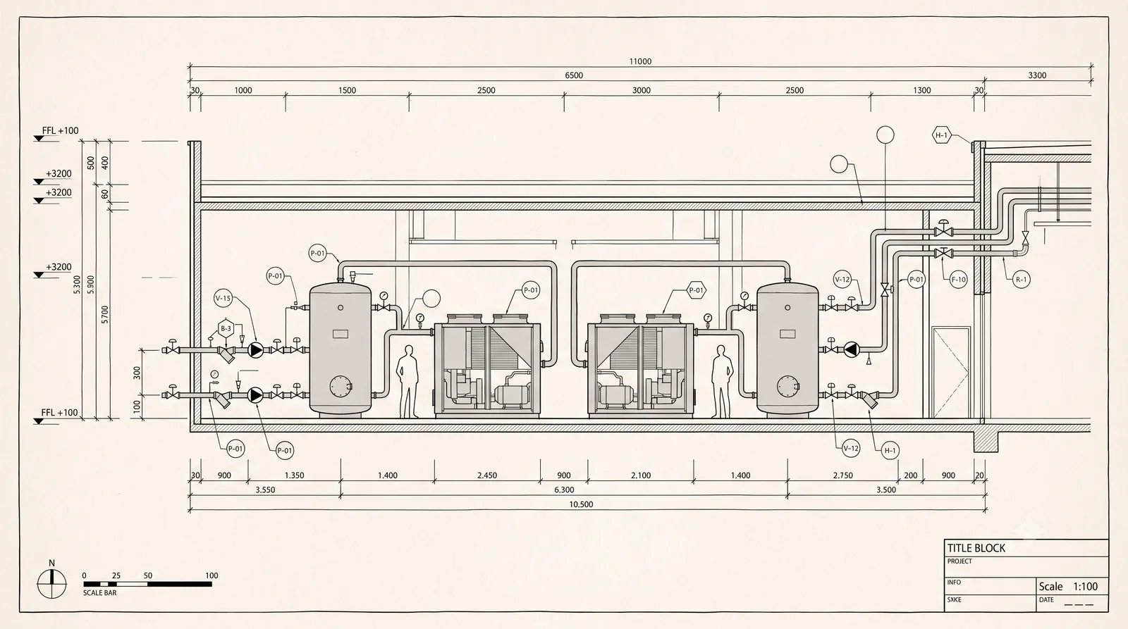 Plant room section: heat pump units flanked by buffer vessels between data hall and host process