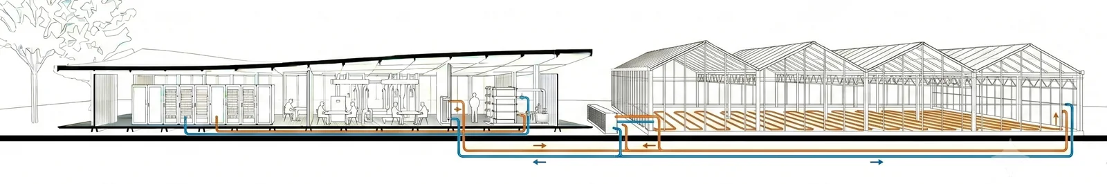 Section drawing of a MicroLink deployment: compute hall with heat recovery loops feeding an adjacent greenhouse